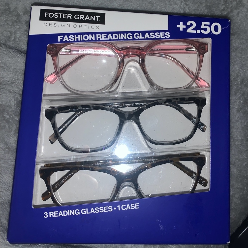 NIB Foster Grant Fashion Reading Glasses Pink, Black, and Brown Trio